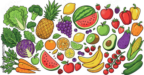 A vibrant and colorful illustration of various fresh fruits and vegetables arranged on a white background