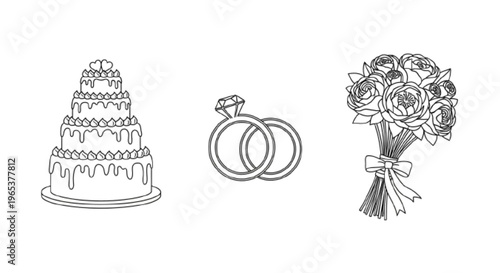Wedding celebration icons (cake, rings, bouquet), elegant line icons