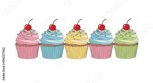 Cupcake set with pastel frosting swirls, sprinkles, and cherries, minimal flat vector, white background