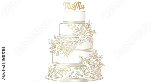 Wedding cake multi-tier elegant floral decoration, gold line art style, luxury vector