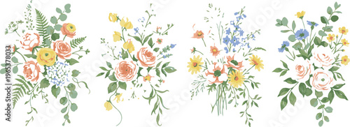 Four beautiful floral arrangements with colorful flowers and green leaves on a white background