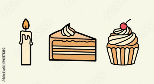 Birthday cake icons collection (candles, slice, cupcake), flat vector, clean design