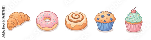 A delightful collection of five illustrated baked goods including a croissant, donut, cinnamon roll, blueberry muffin, and cupcake on a clean white background.