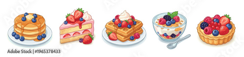 A vibrant and cheerful collection of illustrated desserts and breakfast items, including pancakes, cake, waffles, yogurt parfait, and fruit tart, all artfully arranged on plates and in a bowl.