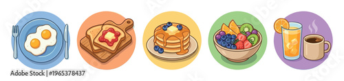 A colorful collection of popular breakfast dishes including fried eggs, toast with jam, pancakes, fruit salad, juice, and coffee in a playful cartoon style.