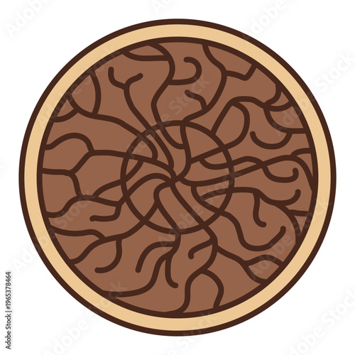 Pu-erh tea icon in top view. Round brick of fermented tea leaves. Flat vector illustration of traditional compressed tea cake. Minimalist sign for cafe menu and beverage branding
