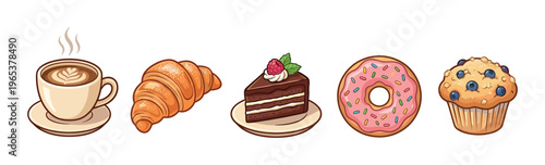 A delightful collection of cartoon-style baked goods and coffee, featuring a latte, croissant, chocolate cake slice, pink donut, and blueberry muffin, perfect for food-related designs.