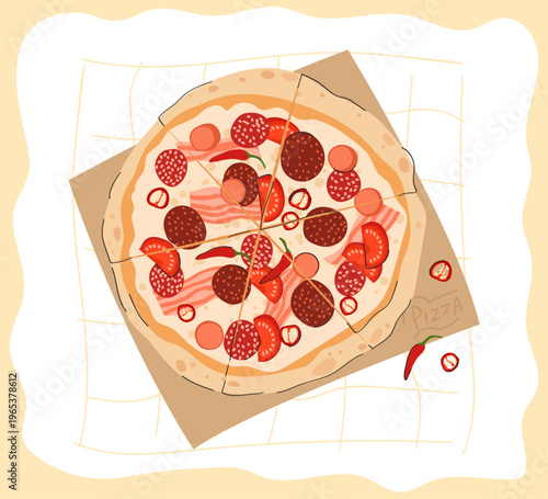 Delicious meat pizza with bacon, sausages and salami. Hand drawn vector illustration for restaurant and cafe. For spicy food lovers.