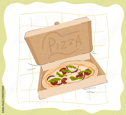 Pizza in a cardboard box. Delicious italian fast food. Takeaway and meal delivery promo design.
