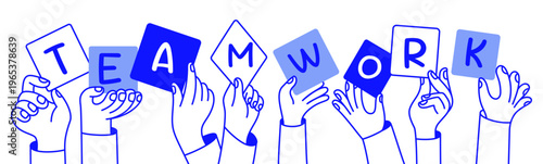 Hands holding teamwork phrase. Vector simple linear illustration, hands and gesture, hand drawn illustration, poster, logo, print design template, business and creative work concept,