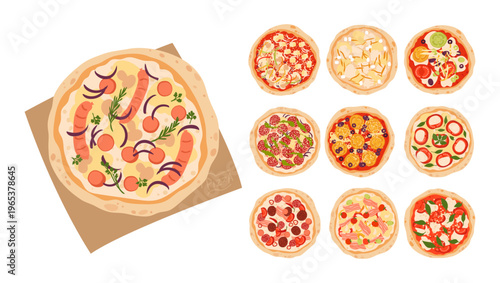 Various pizza flavors set. Pepperoni, Margherita, salami, BBQ, cheesy, spicy, chicken and beef pizza. Vector collection isolated on white background.