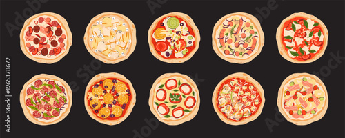 Different pizza flavors set. Assorted pizzas collection on a black background. Vector cartoon with doodle elements illustration.