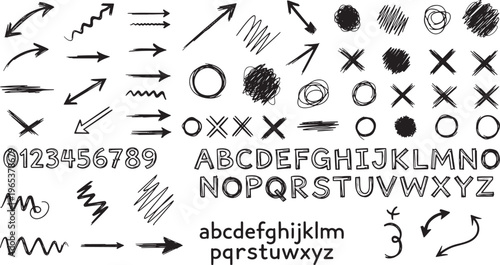 A collection of diverse hand-drawn sketch elements including arrows, numbers, uppercase and lowercase alphabets, circles, crosses, and scribbles, presented on a clean white background. Ideal design