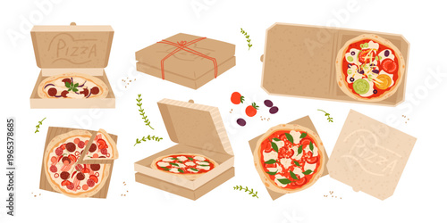 Italian cuisine, slice of pizza, food boxes, various toppings. Pizza with meat, basil, arugula, tomatoes, bell peppes, salami, chili, parmesan, olives. Cartoon hand drawn illustration set.