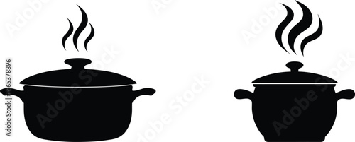 Two black cooking pots with steam rising above on transparent background, food preparation, hot meals, kitchenware.