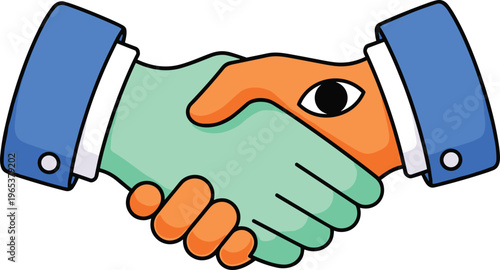 Colorful handshake illustration showing trust partnership unity business agreement teamwork collaboration concept with eye symbol creative vector design isolated on white background