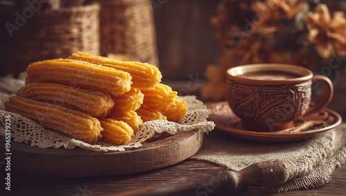 Freshly fried churros with a cup of hot coffee, rustic homemade Spanish dessert. Perfect for breakfast, brunch, cafe, food photography, recipe, travel, and sweet treat lifestyle content.