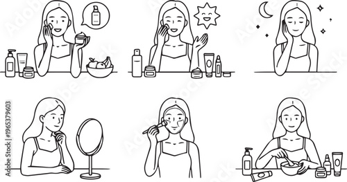 A woman engaging in various skincare and beauty routines in a series of six illustrations