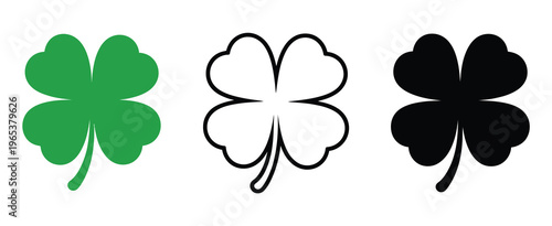 Four leaf clover flat icon graphics featuring lucky shamrock shapes in solid green, black, and line versions, perfect for decorative charm symbols and seasonal celebration themes.