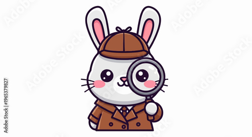 Cute cartoon rabbit detective with magnifying glass and trench coat