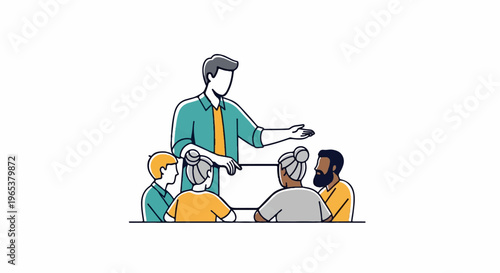 Diverse group engages in a meeting or presentation, led by one individual