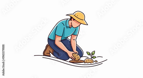 Farmer planting a potato with a seedling growing in the soil