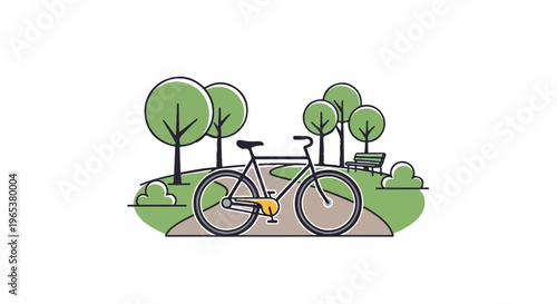 A bicycle rests on a park path surrounded by trees and a bench