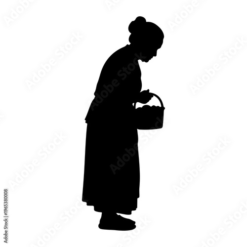 Silhouette of an elderly woman carrying a basket, flat design vector illustration