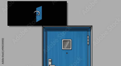 A blue door with a small window and knob, near a black rectangular sign with a blue flap