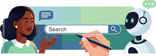 Person interacting with a search bar and a robot assistant for online queries