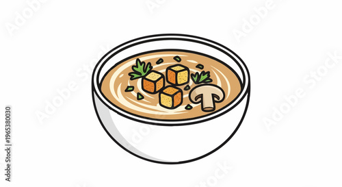 A bowl of creamy soup topped with croutons, herbs, and a mushroom slice