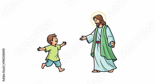 A boy happily runs towards a haloed figure in robes