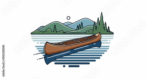 A canoe floats on a tranquil lake with a scenic mountain backdrop