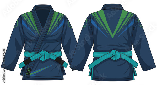 Blue Jiu Jitsu Gi with Green and Blue Accents, Front and Back View