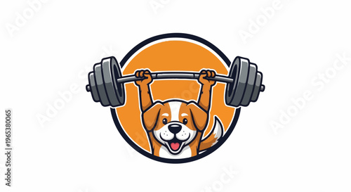 A cute dog lifting a heavy barbell with a determined expression, circular graphic