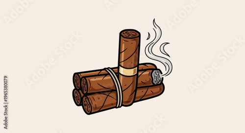 A bundle of five brown cigars, one lit, with smoke curling upwards