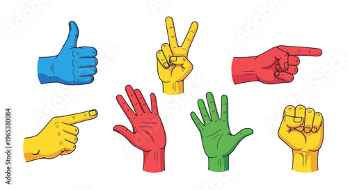 Colorful Hand Gestures: Thumbs Up, Peace Sign, Pointing, Fist, Open Palm