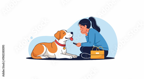 A girl with a phone looks at her happy dog, with a yellow bag