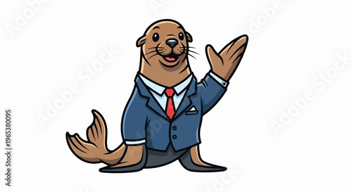 A cartoon sea lion in a business suit waves its right flipper enthusiastically
