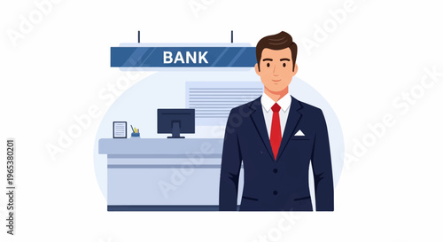 A man in a suit stands in front of a bank counter