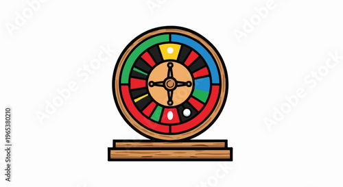A colorful roulette wheel on a wooden stand with two white balls