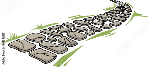 A curved pathway of stone steps winds through green grass