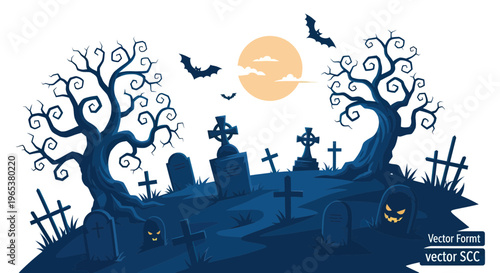 Spooky Halloween Graveyard Scene with Bats and Moon