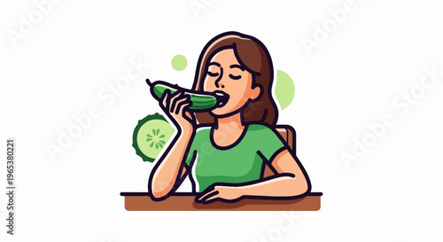 Woman in green shirt eating a whole cucumber with sliced cucumber beside her