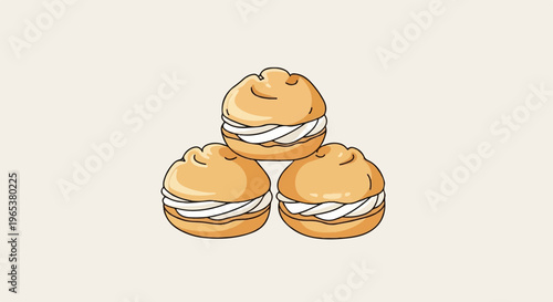 Stacked cream puffs with light tan pastry and white cream filling