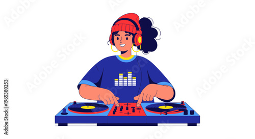 Young Female DJ Playing Music on Turntables with Headphones
