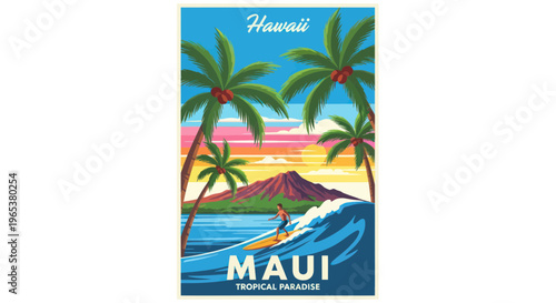 Surfer Riding Wave in Maui, Hawaii Tropical Paradise Sunset Palm Trees