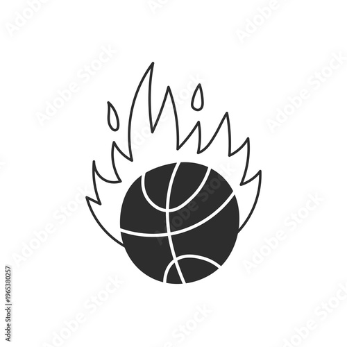 Flaming Basketball Ball Doodle Icon. Energetic sport symbol with fire Burning effect in bold sketch style for dynamic compositions. Hand Drawn Vector illustration