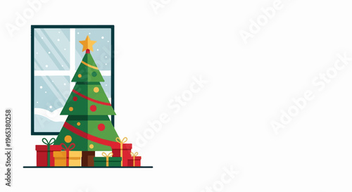 A decorated Christmas tree with gifts sits before a snowy window scene