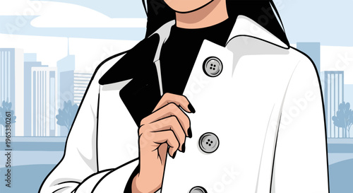 Stylish woman in white coat, urban backdrop, graphic style